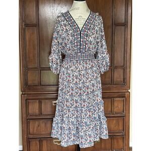 Max Studio Floral Tiered Ruffle V-Neck Empire Waist 3/4 Puff Sleeve Dress Size M
